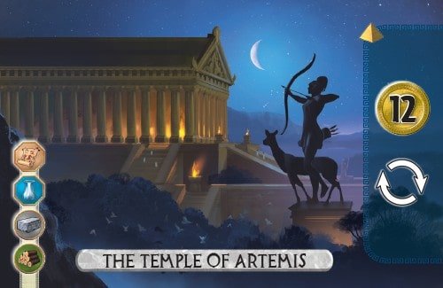 The Temple of Artemis Card from 7 Wonders Duel gains 12 gold and takes an extra turn