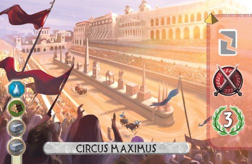 The Circus Maximus Card from 7 Wonders Duel destroys a manufactured good, gains a military, and scores 3 vp.