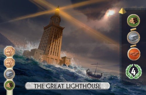 The Great Lighthouse Card from 7 Wonders Duel produces a resource and scores 4 vp.