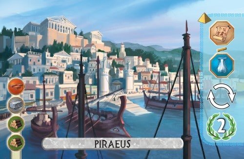 The Piraeus Card from 7 Wonders Duel produces glass or paper, takes an extra turn, and gains 2 vp.