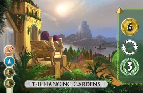 The Hanging Gardens Card from 7 Wonders Duel gets 6 gold, gains an extra turn, and gains 3 vp.